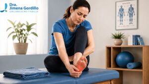 Mujer estirando la planta del pie sentada en la cama antes de dar los primeros pasos de la mañana
