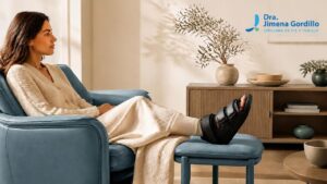 Pie con zapato postoperatorio de descarga y vendaje, elevado sobre un cojín durante la recuperación de una operación de juanetes